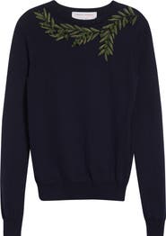 Carolina Herrera Olive Branch Embroidered Silk & Cotton Sweater