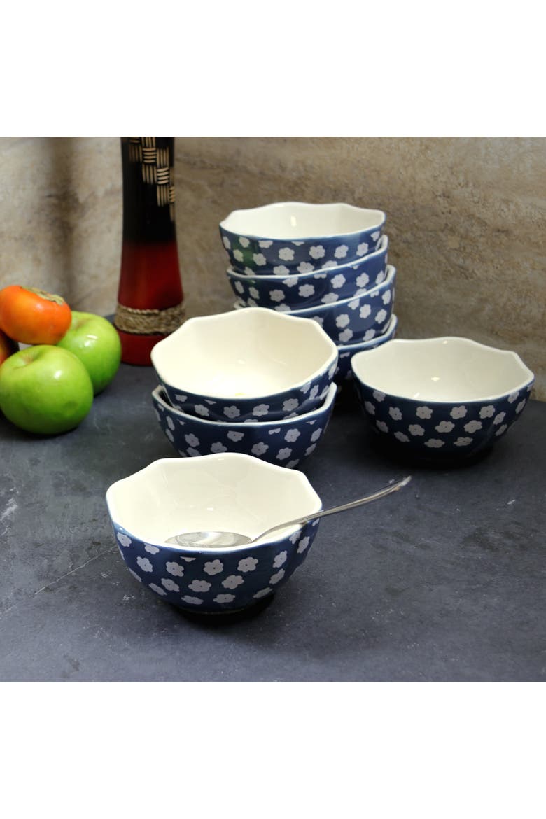 8pc 4.75" Shaped Durastone Fruit Bowls in Blue/White, Alternate, color, Blue