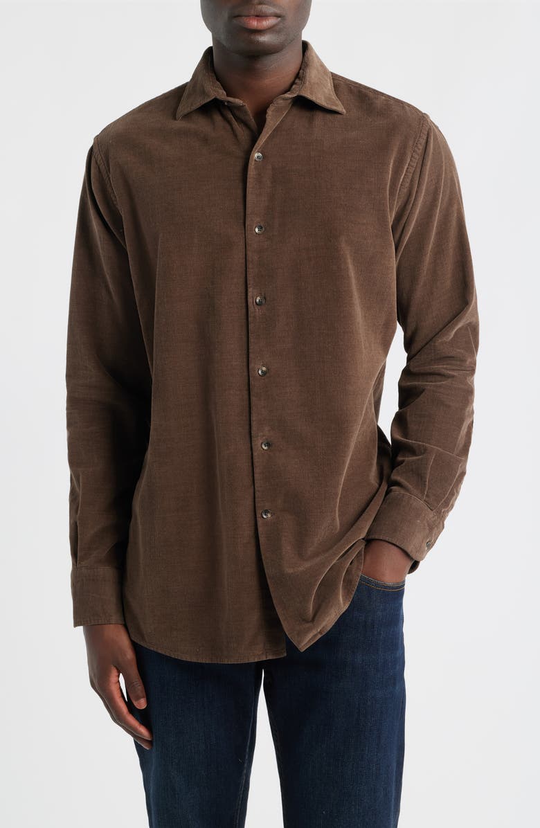 Peter Millar Cotton & Cashmere Corduroy Button-Up Shirt, Main, color, French Press