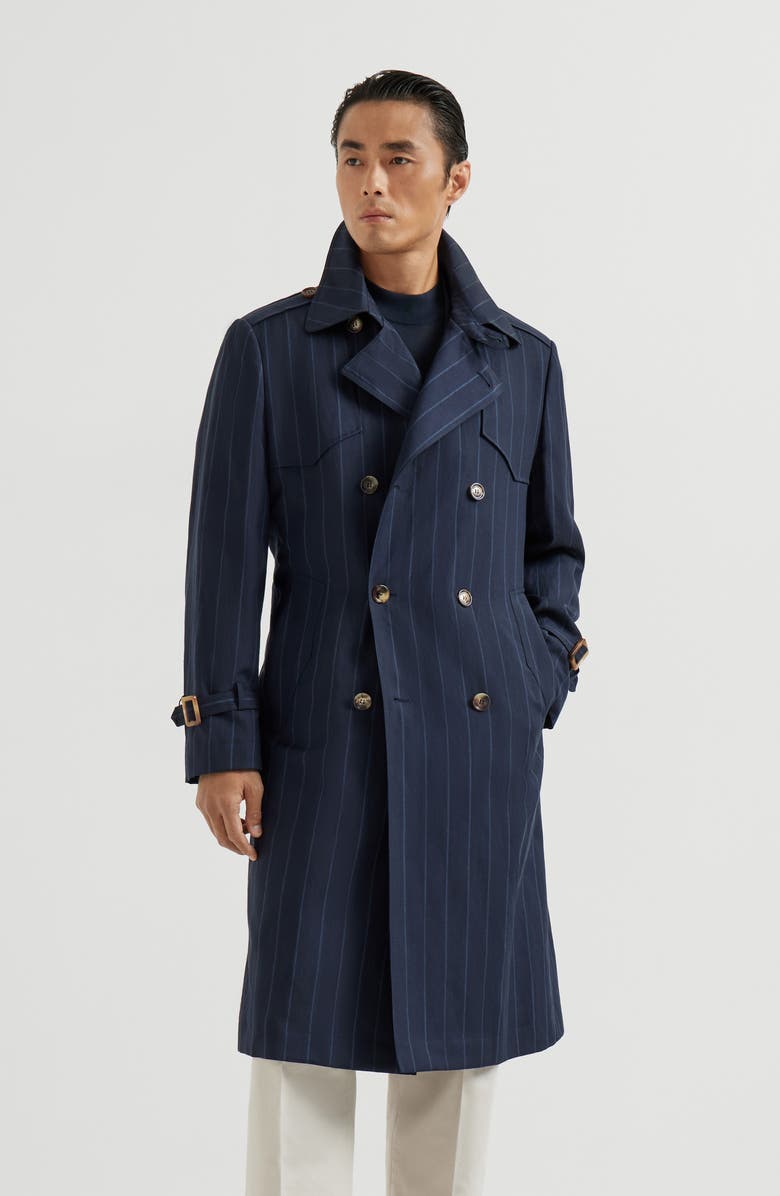 Brunello Cucinelli Chalk stripe trench, Alternate, color, Blue