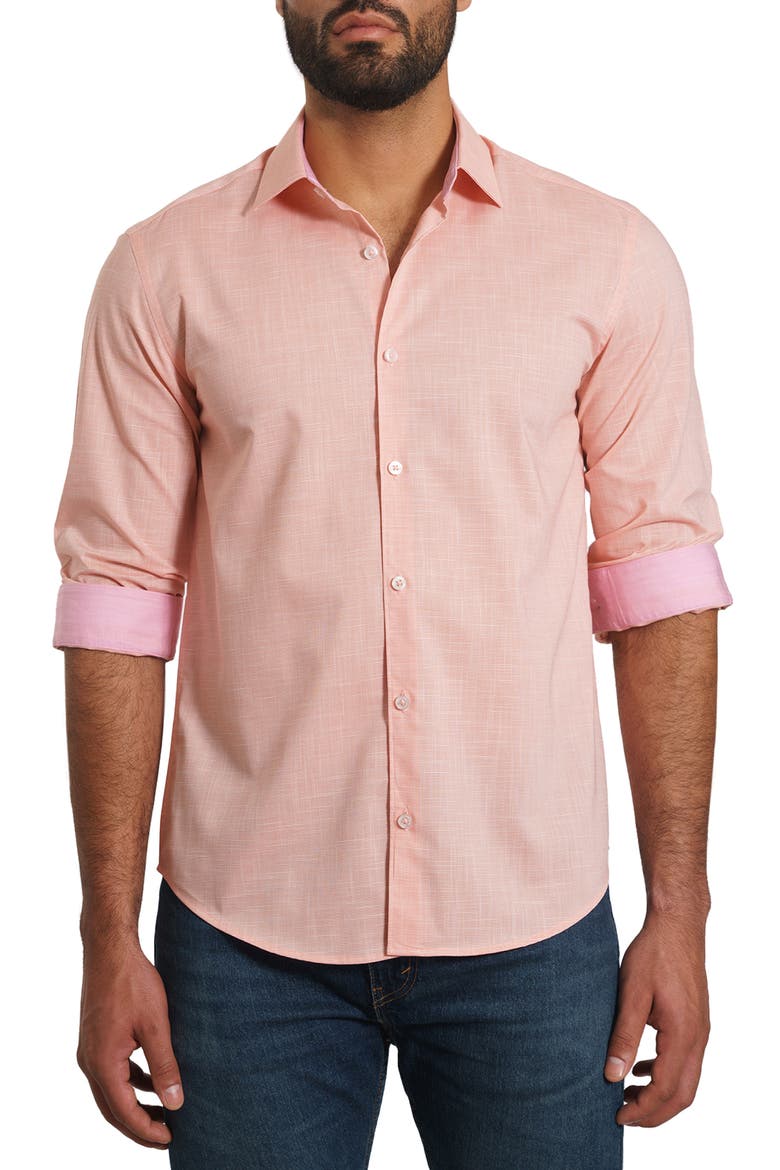 Trim Fit Pima Cotton Mélange Button-Up Shirt, Main, color, CORAL