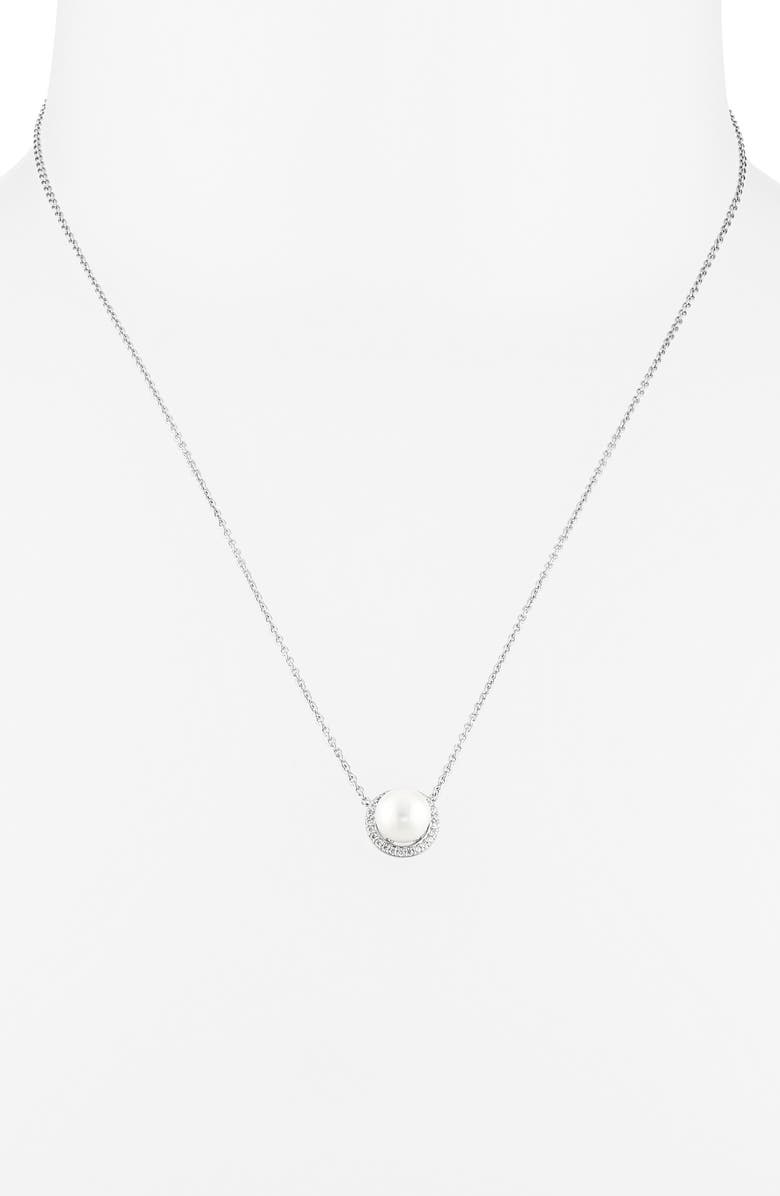 Nadri 7.5-8mm Cultured Pearl Halo Pendant Necklace, Alternate, color, Rhodium