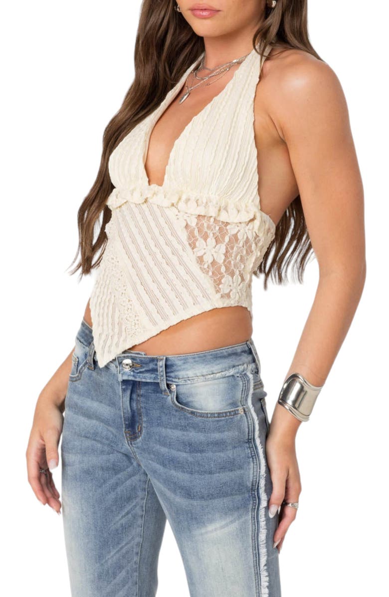 EDIKTED Quinta Lacy Triangle Hem Halter Top, Alternate, color, Cream