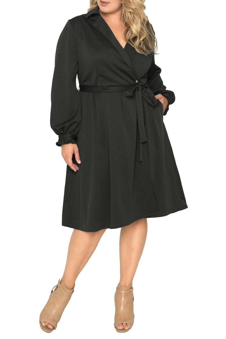Notched Lapel Long Sleeve Crepe Wrap Dress, Main, color, BLACK