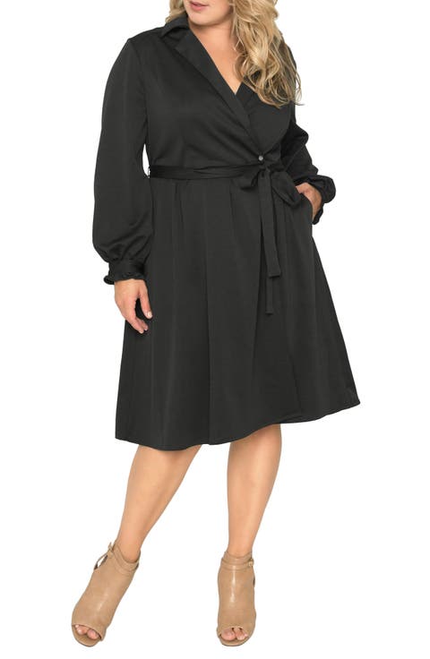Notched Lapel Long Sleeve Crepe Wrap Dress (Plus)