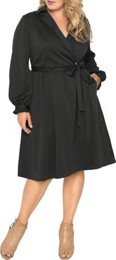 Standards & Practices Notched Lapel Long Sleeve Crepe Wrap Dress