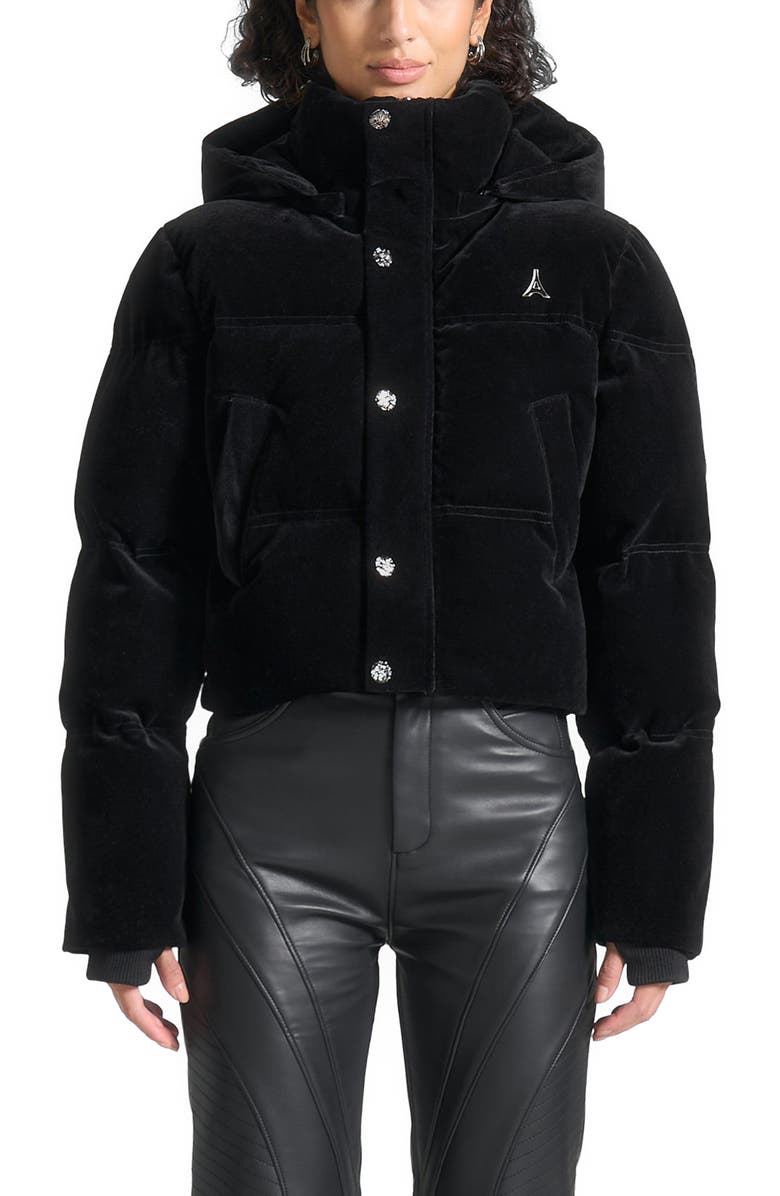 Manière De Voir Maeva Velvet Cropped Puffer Jacket, Main, color, Black