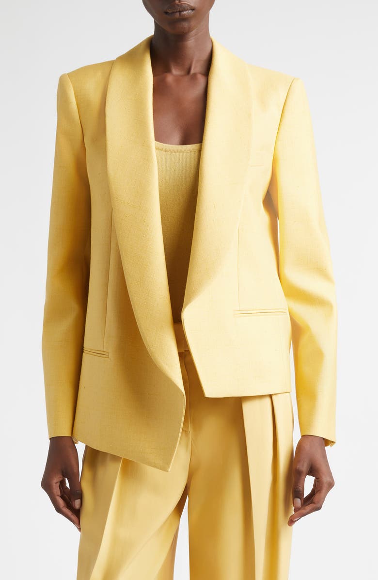 Michael Kors Collection Asymmetric Open Front Silk Canvas Blazer, Main, color, Palomino
