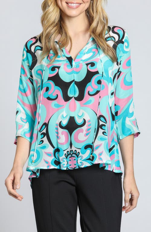 Apny Print Tassel Split Neck Chiffon Top In Turquoise Multi