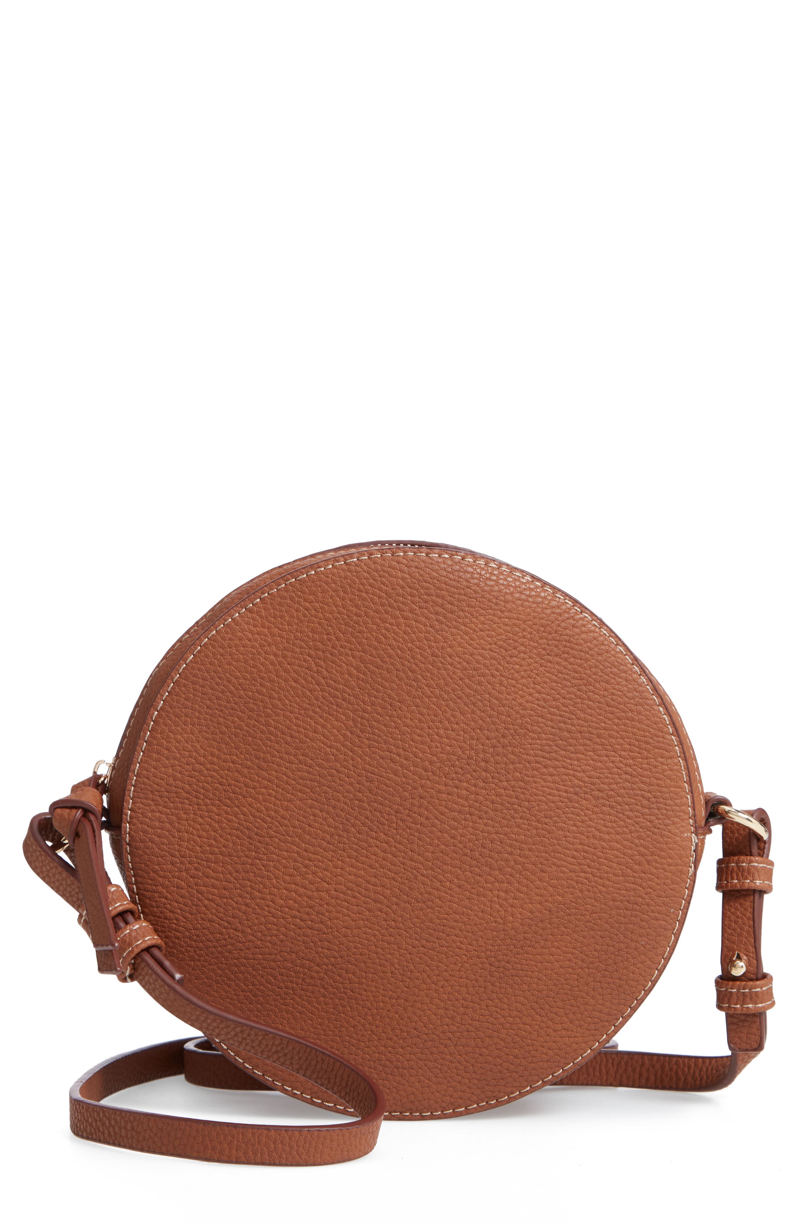 Cassie Faux Leather Circle Crossbody Bag, Main, color, TAN THRUSH