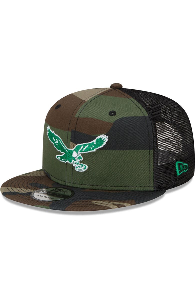 New Era Men's New Era Camo Philadelphia Eagles Woodland Trucker 2.0 9FIFTY Snapback Hat, Main, color, 