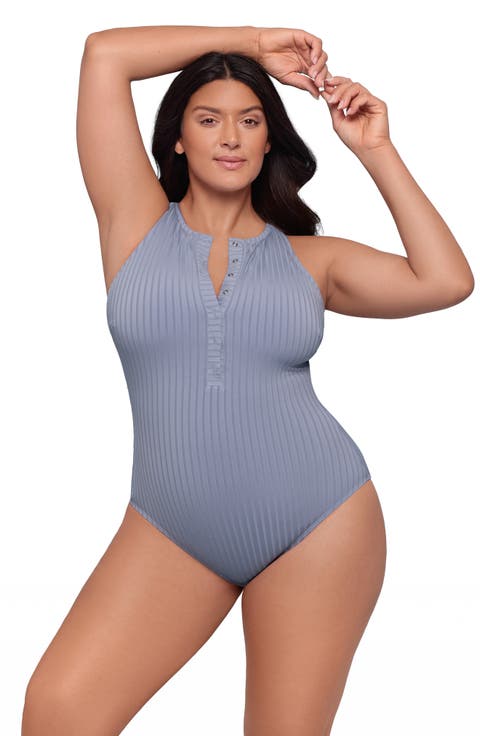 Ribbed High Neck Snap Front One Piece Swimsuit