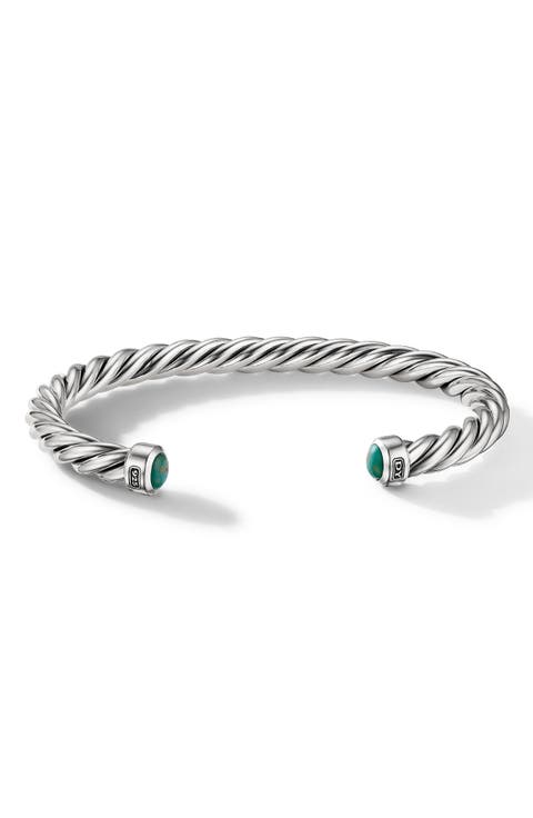 Men's Cable Cuff Bracelet in Sterling Silver with Semiprecious Stone, 6mm