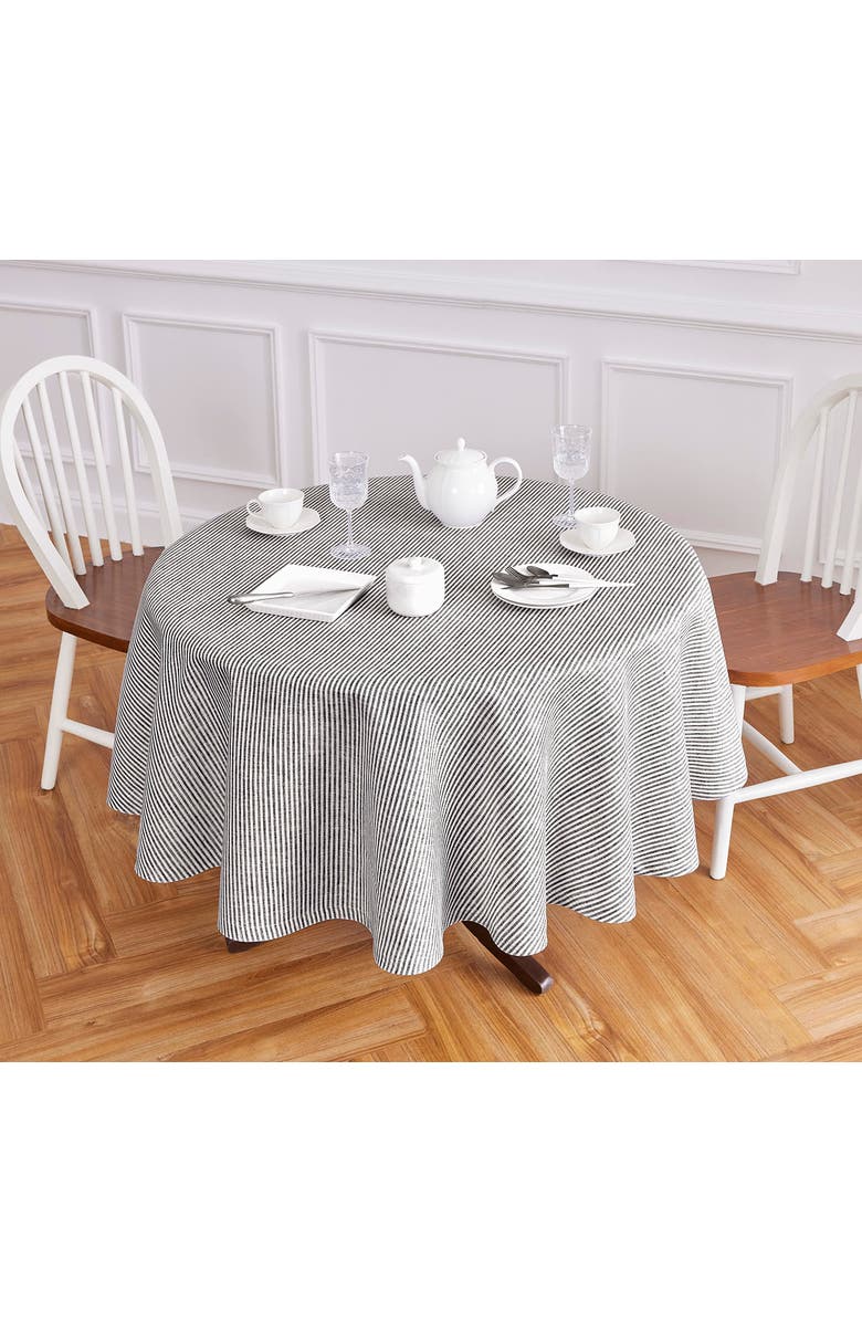 Solino Home Linen Round Tablecloth - Narrow Stripe, Main, color, Black And White