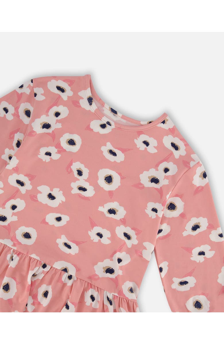 Deux par Deux Girl's Printed Long Sleeve Dress Pink With White Flowers, Alternate, color,