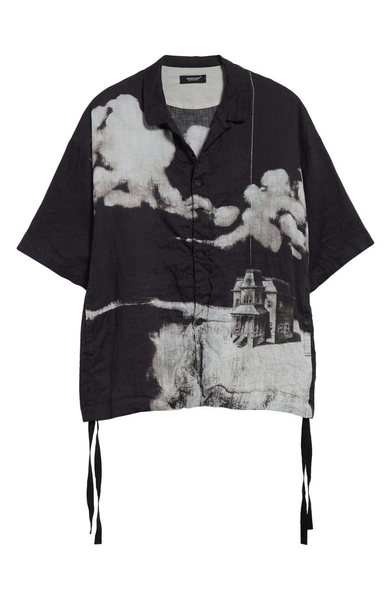 Undercover Oversize Short Sleeve Linen Button-Up Shirt, Alternate, color, Black Base