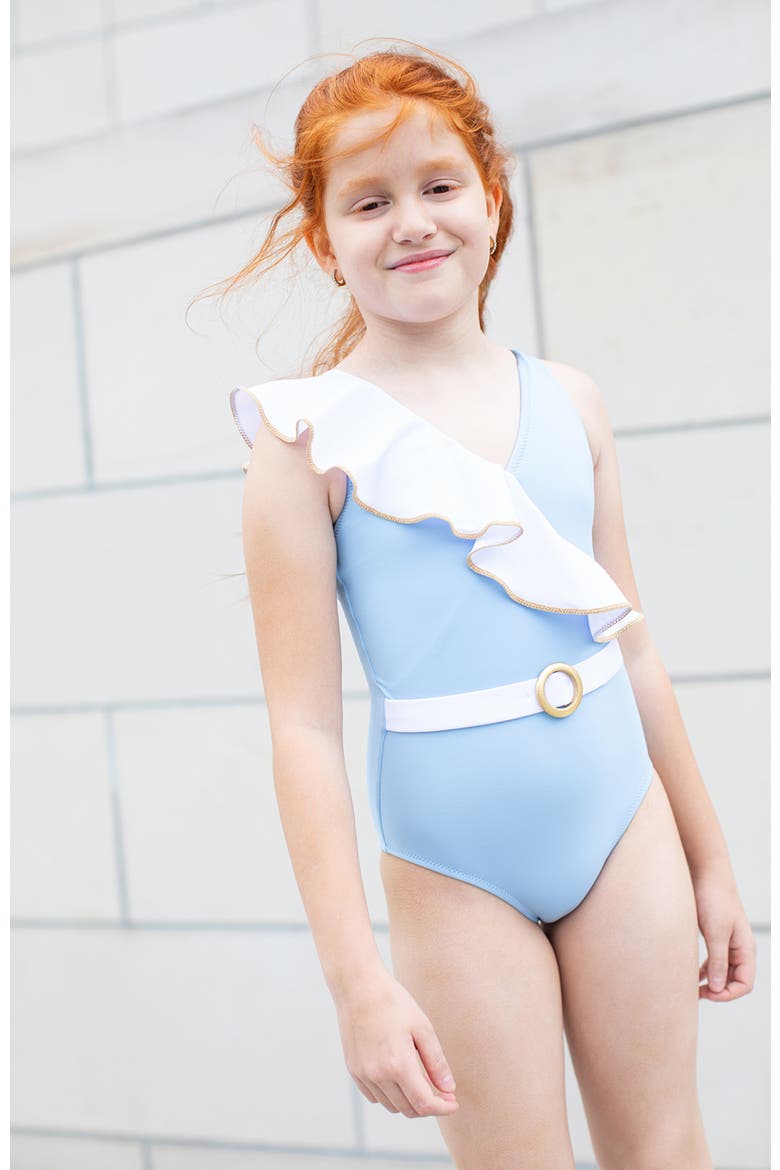 Asymmetric Ruffle Gold Piping and Ring Buckle One-Piece Swimsuit, Alternate, color, Blue