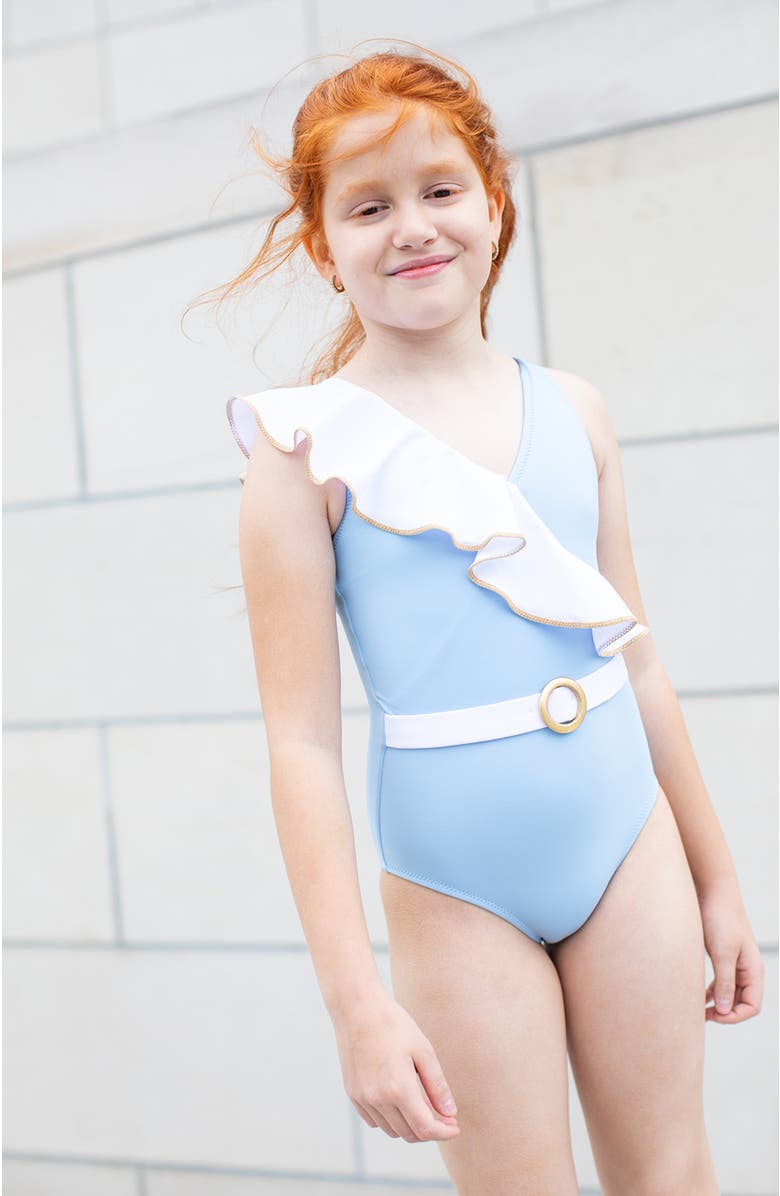 NESSI BYRD Asymmetric Ruffle Gold Piping and Ring Buckle One-Piece Swimsuit, Alternate, color, Blue