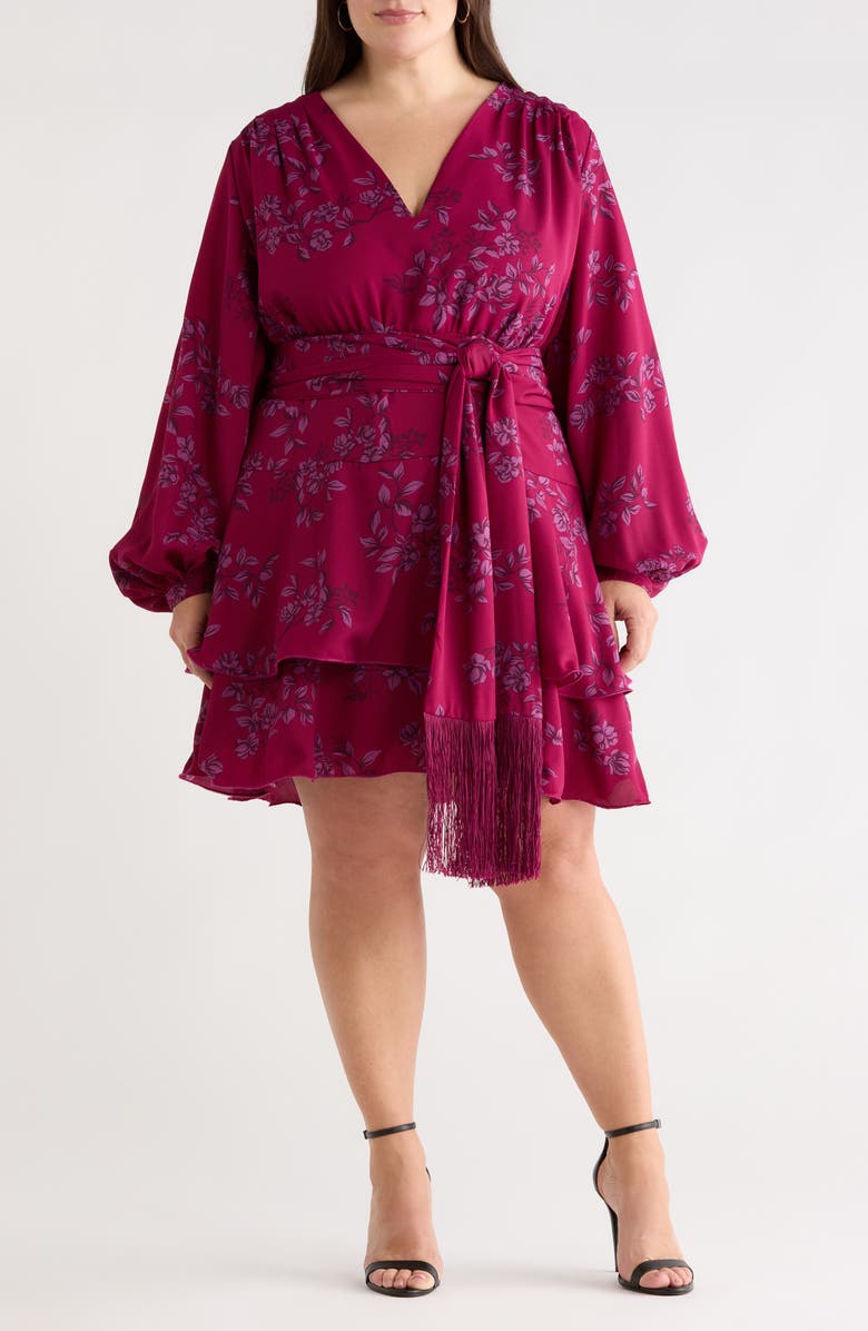 SUGARLIPS Zurum Floral Print Fringe Long Sleeve Dress, Main, color, Magenta-Mult