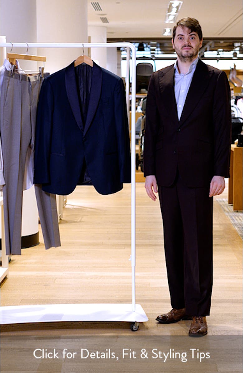 Navy Shawl Collar Geometric Jacquard Virgin Wool Tuxedo Jacket, sales video thumbnail