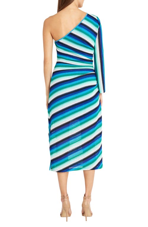 Donna Morgan For Maggy Stripe Ruched One-shoulder Knit Midi Dress In Blu Comb 2
