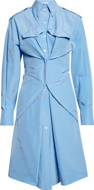 McQueen Long Sleeve Gathered Cotton Blend Shirtdress