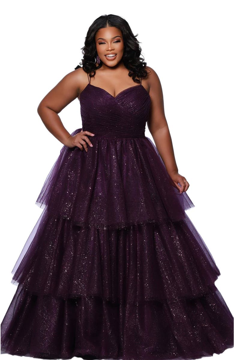 Sydney's Closet Spaghetti Strap Teired Plus Size Ballgown, Alternate, color, Purple