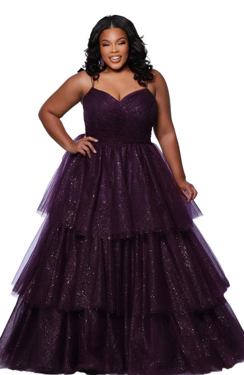 Spaghetti Strap Teired Plus Size Ballgown