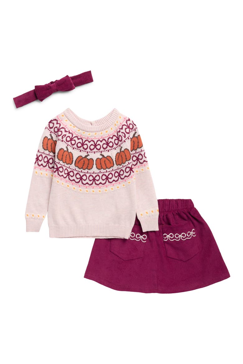 Pumpkin Fair Isle Sweater, Corduroy Skirt & Headband Set, Main, color, BEIGE PUMPKIN