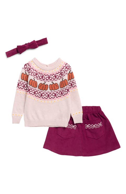 Pumpkin Fair Isle Sweater, Corduroy Skirt & Headband Set