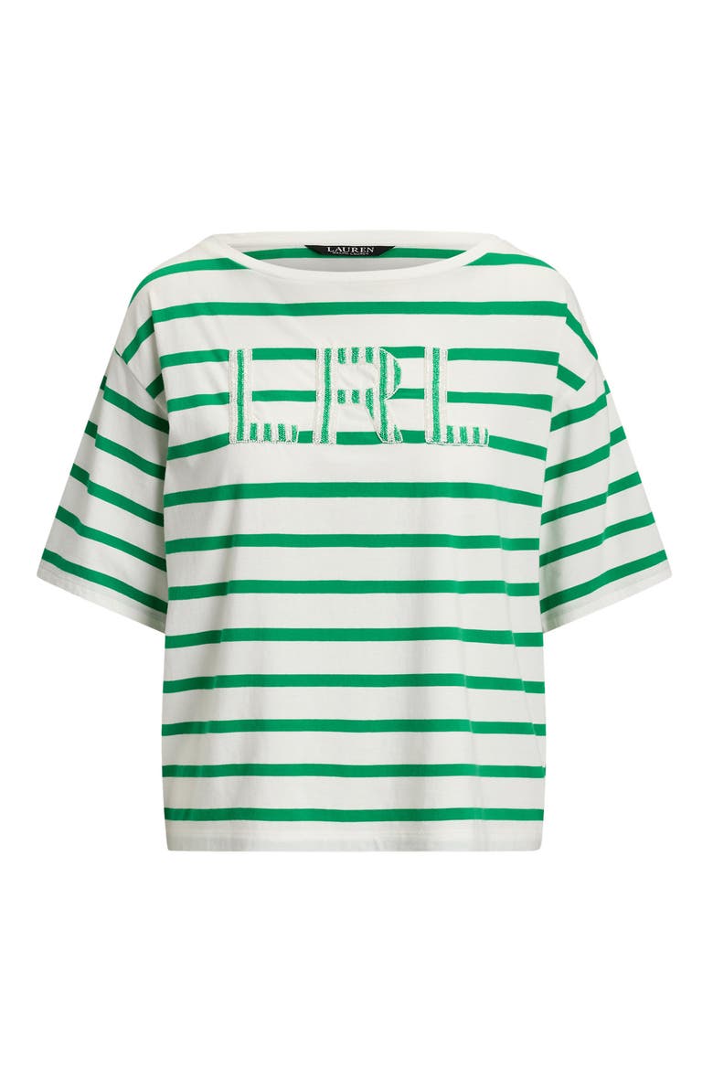Beaded Logo Stripe Short Sleeve T-Shirt, Alternate, color, WHITE/ STEM