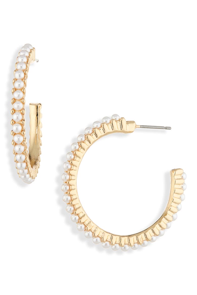 Faux Pearl Hoop Earrings, Main, color, IVORY