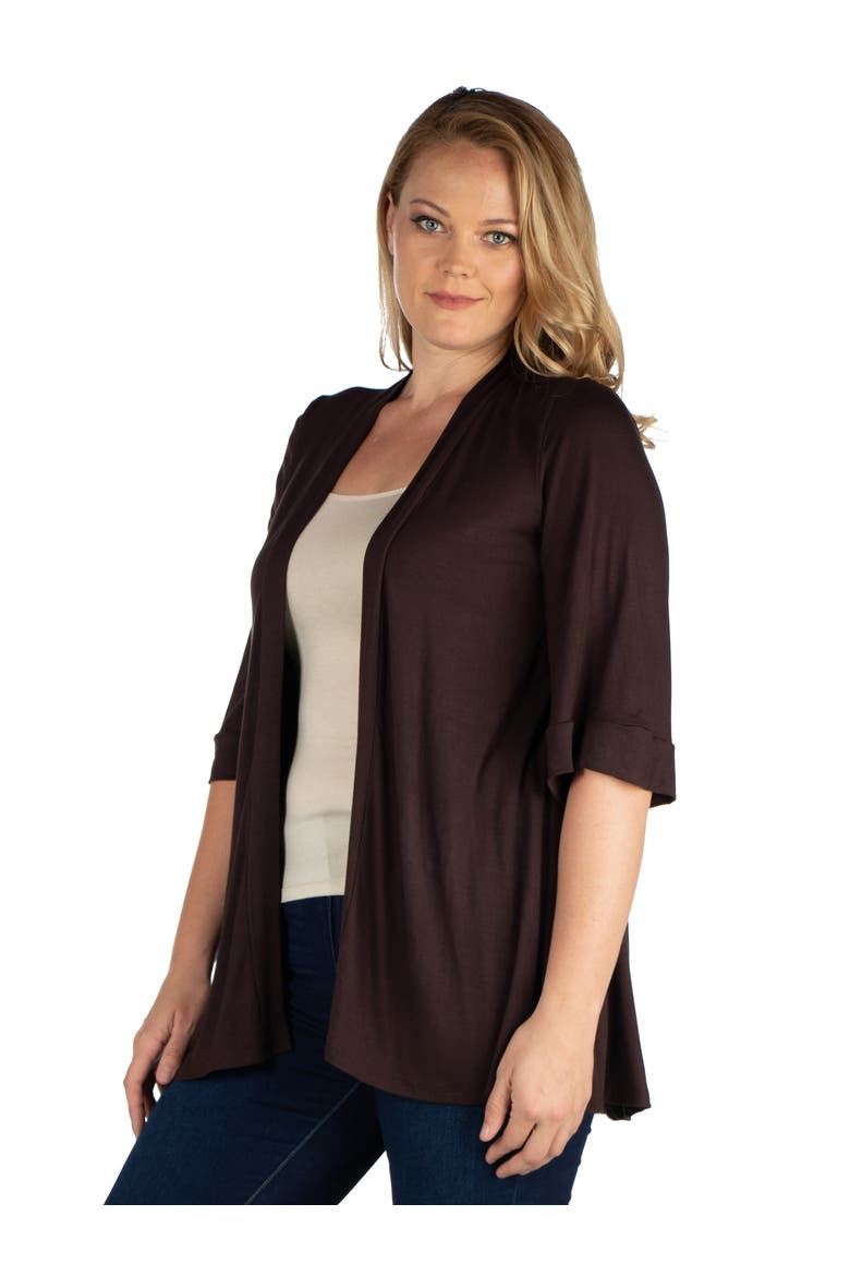 Plus Size Elbow Length Sleeve Open Front Cardigan, Alternate, color, Brown