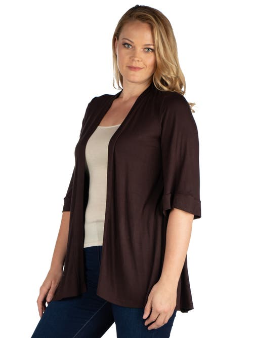 24seven Comfort Apparel Plus Size Elbow Length Sleeve Open Front Cardigan In Brown