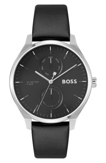 Hugo Boss Men's Tyler Quartz Multifunction Black Leather Watch 43mm In Black