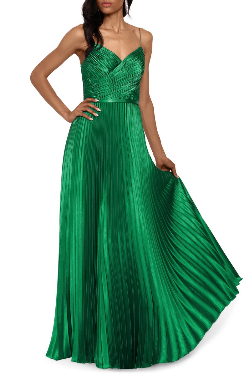 Betsy & Adam Crisscross Pleated Satin A-Line Gown, Alternate, color,