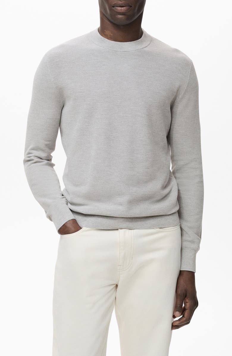 MANGO Crewneck Piqué Sweater, Main, color, Medium Heather Grey
