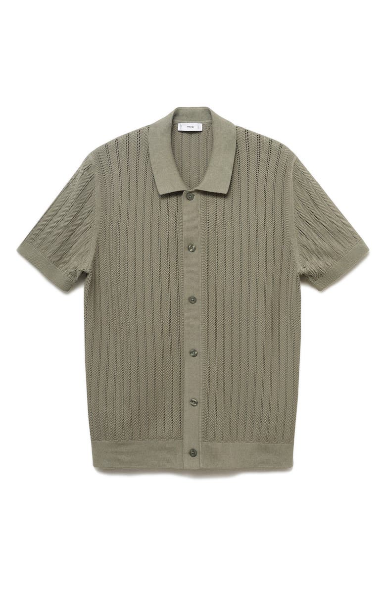 MANGO Textured Short Sleeve Knit Button-Up Shirt, Alternate, color, Khaki Green