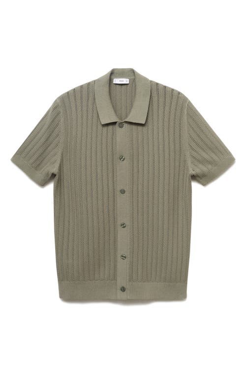Mango Textured Short Sleeve Knit Button-up Shirt In Green