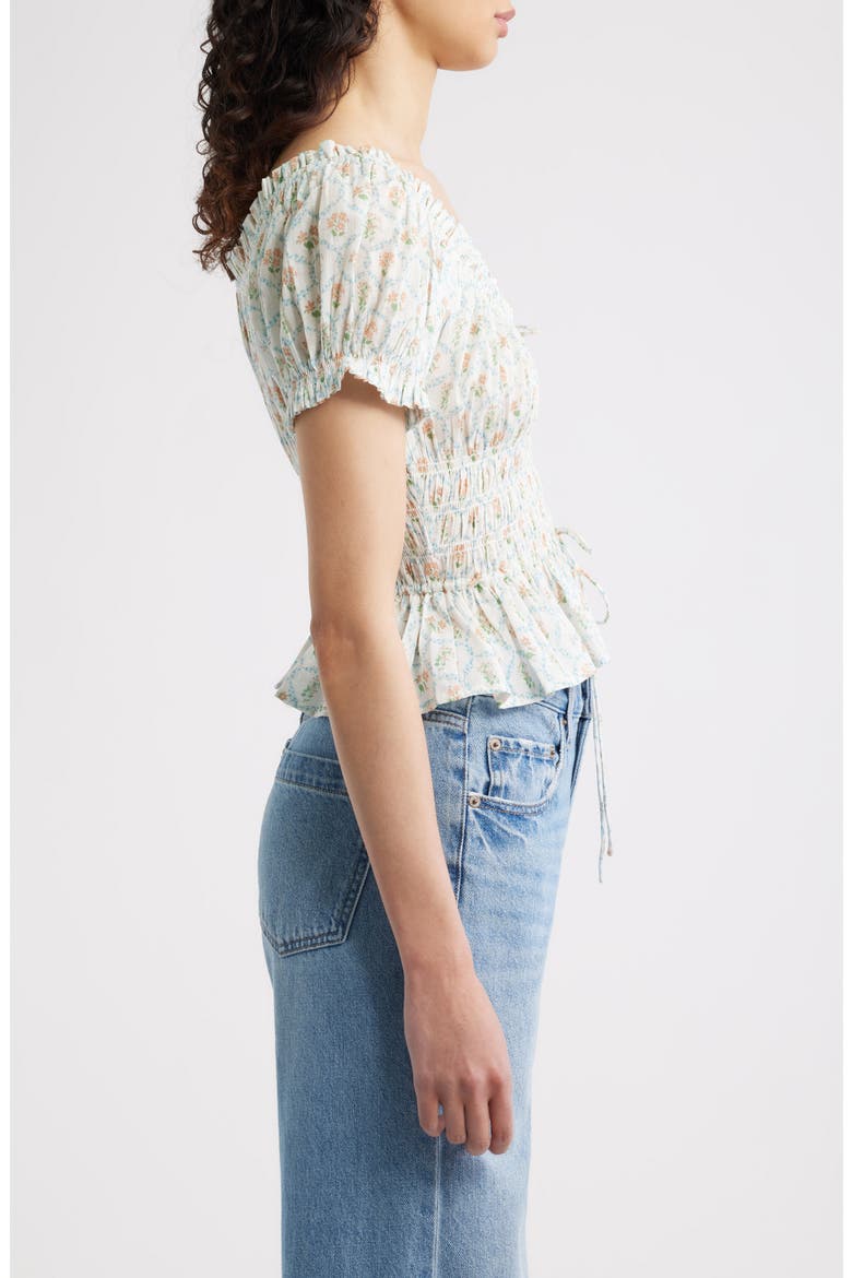 Serena Ditsy Floral Shirred Peplum Top, Alternate, color, PEACH PEONY