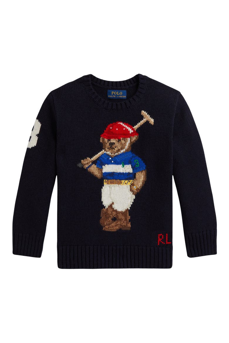 Kids' Polo Bear Cotton Crewneck Sweater, Main, color, NAVY