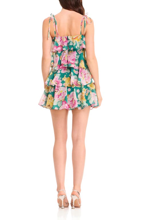 DRESS THE POPULATION DRESS THE POPULATION PIXIE METALLIC STRIPE FLORAL TIERED MINIDRESS