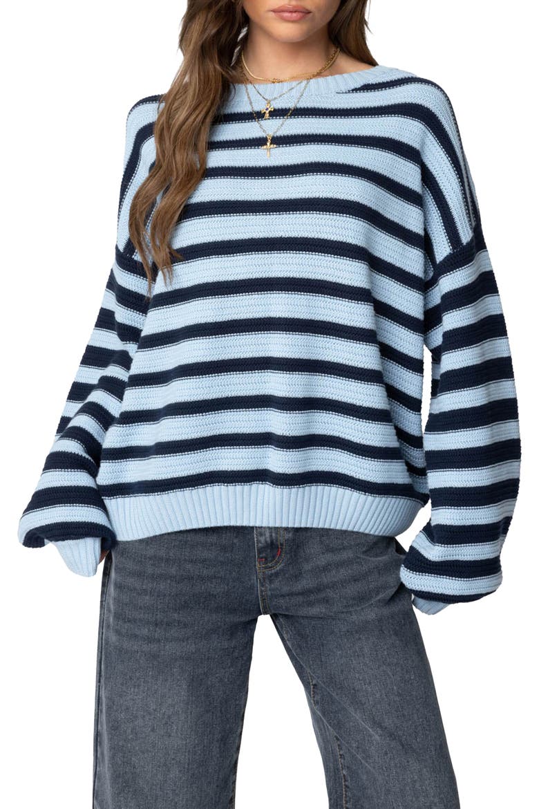 Aerin Oversize Stripe Cotton Sweater, Main, color, BLUE-AND-NAVY