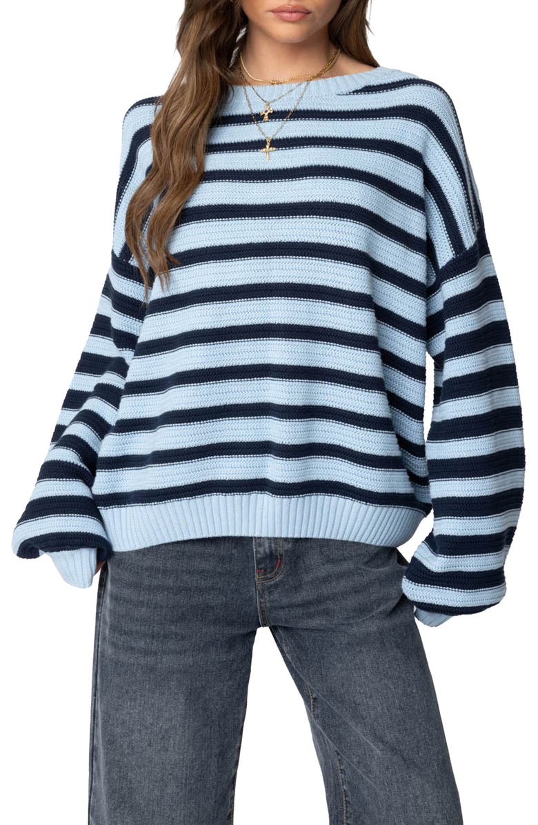EDIKTED Aerin Oversize Stripe Cotton Sweater, Main, color, Blue-And-Navy