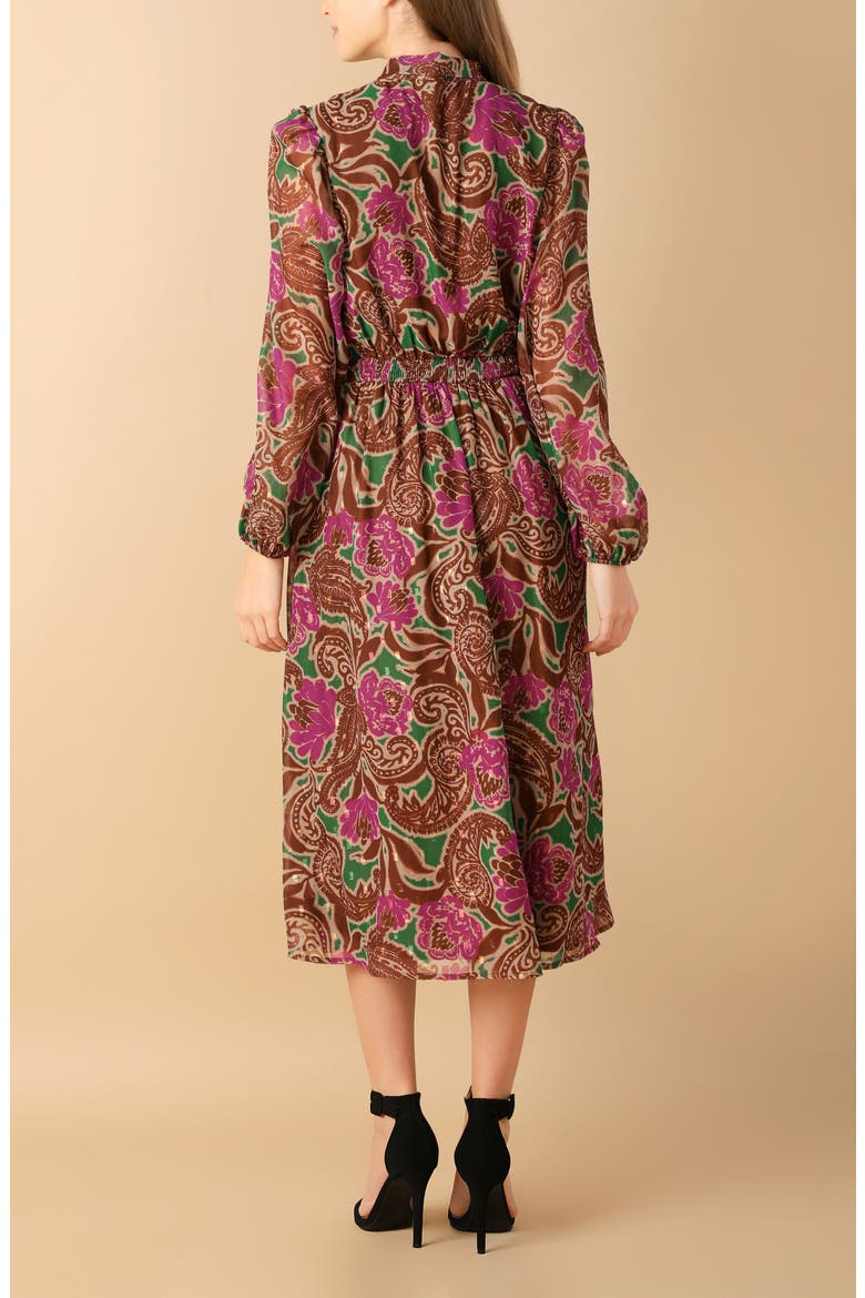 Print Long Sleeve Midi Dress, Alternate, color, BROWN GREEN