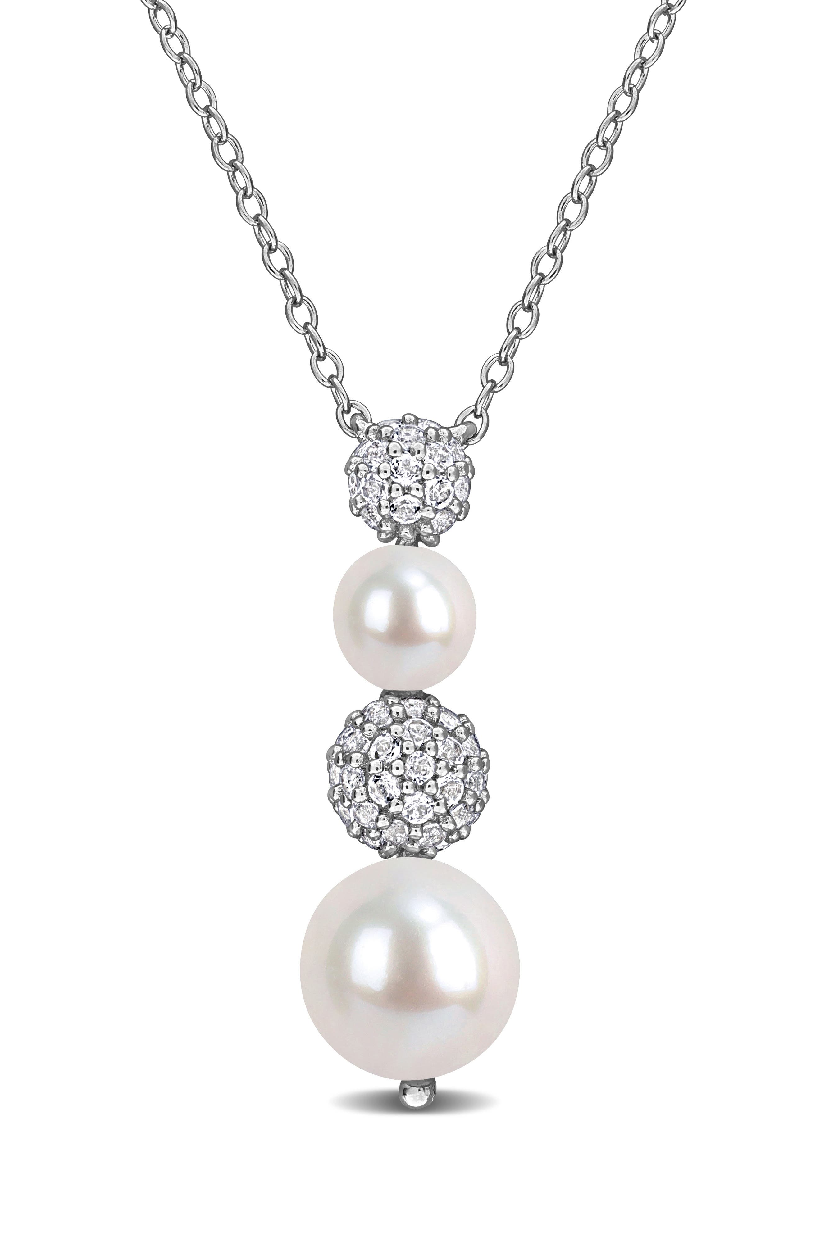 DELMAR 8.8.5mm Cultured Freshwater Pearl & White Topaz Drop Necklace - 0.59ct.