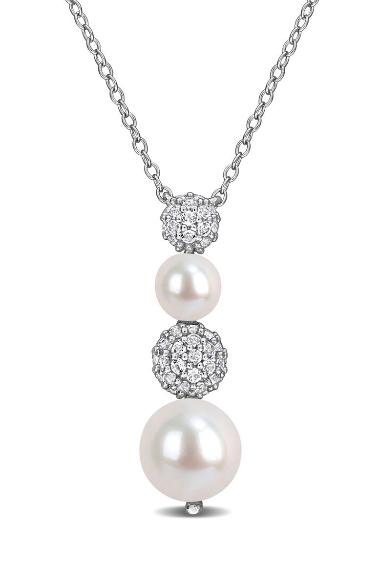 DELMAR 8.8.5mm Cultured Freshwater Pearl & White Topaz Drop Necklace - 0.59ct., Main, color,