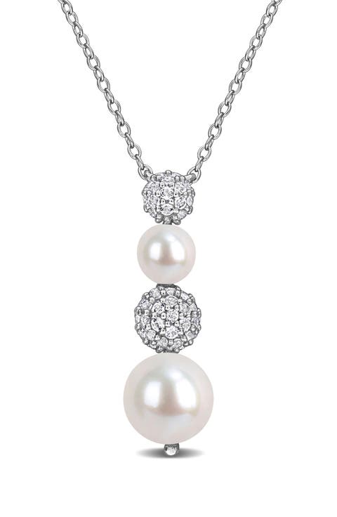8.8.5mm Cultured Freshwater Pearl & White Topaz Drop Necklace - 0.59ct.