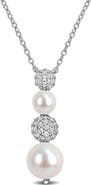 DELMAR 8.8.5mm Cultured Freshwater Pearl & White Topaz Drop Necklace - 0.59ct.