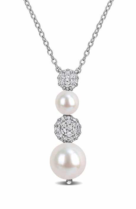 DELMAR 8.8.5mm Cultured Freshwater Pearl & White Topaz Drop Necklace - 0.59ct.